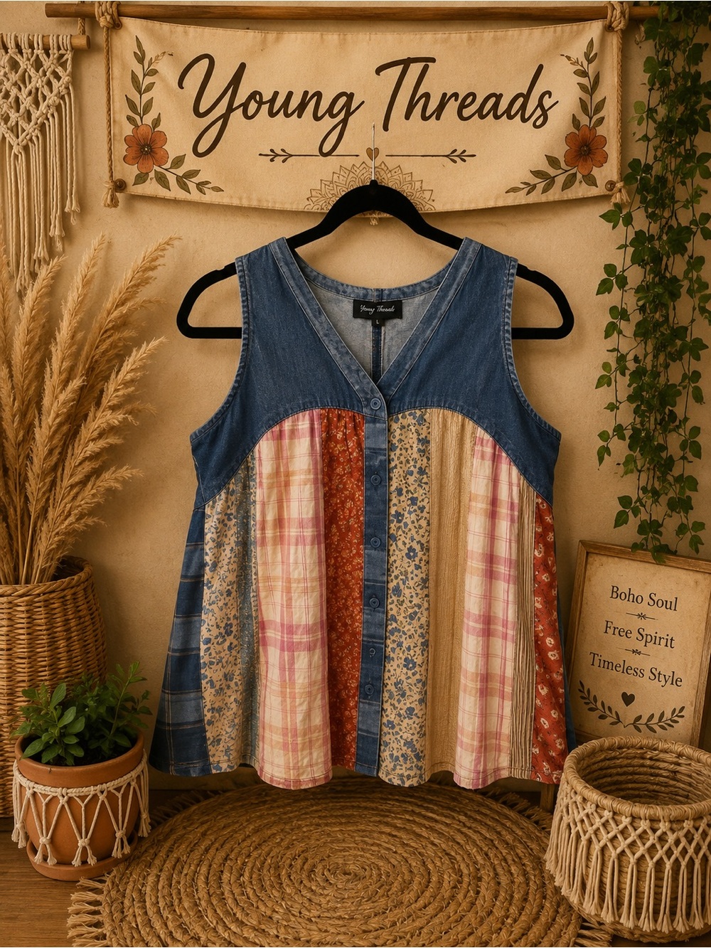 Young Threads Denim-Trim Multicolor Patchwork Tank Top